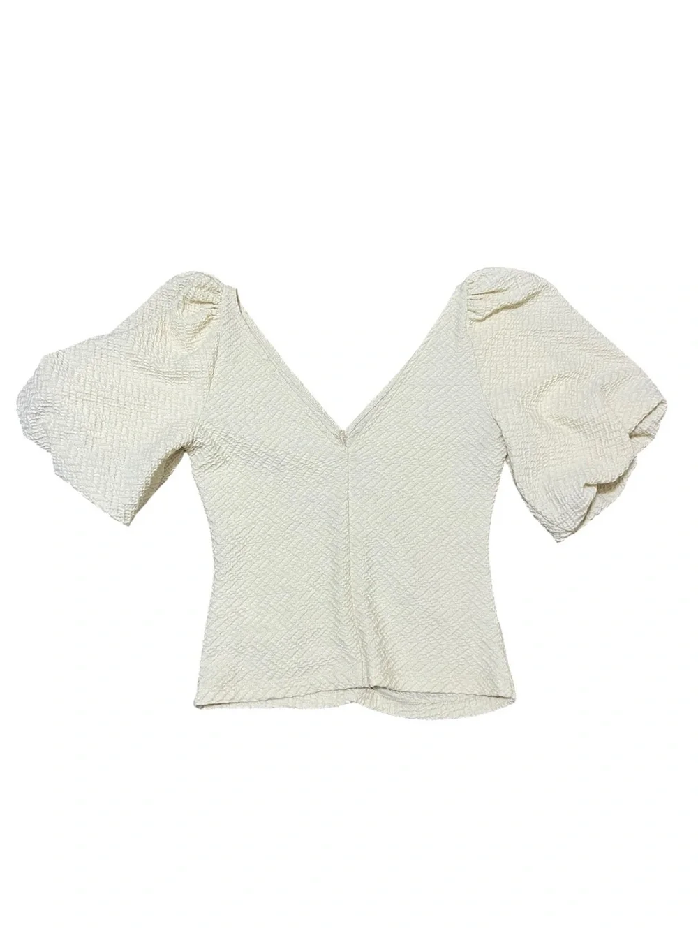 Free People Cream Textured V-Neck Puff Sleeve Top
